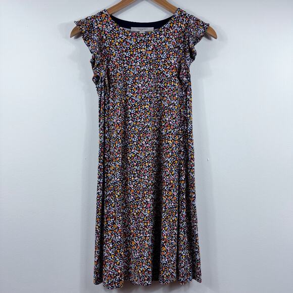 Women’s Blue Floral Dress Orange Ruffle Cap Sleeves XS Petite LOFT - Picture 1 of 5